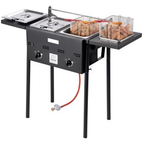 Outdoor Propane Deep Fryer, Dual-Tank 8QTx2 Commercial Fryer, Stainless Steel Cooker with Foldable Platform, Dual Basket, and Heat Adjustment