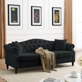 [Video] 79" Chesterfield Sofa Black Velvet for Living Room, 3 Seater Sofa Tufted Couch with Rolled Arms and Nailhead for Living Room, Bedroom, Office