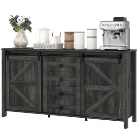 HOMCOM 60" Buffet Cabinet, Farmhouse Sideboard with Sliding Barn Doors, Drawers and Adjustable Shelves, Distressed Dark Gray