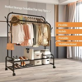 Heavy-Duty Rolling Metal Garment Rack with Dual Bars - Portable Clothes Hanger w/Shelves - Hooks