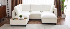 90" U-shaped Sectional Sofa Modular Sofa Couch with a Movable Ottoman , a Coffee Table with Hidden Charging Devices for Living Room, White