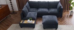 90" U-shaped Sectional Sofa Modular Sofa Couch with a Movable Ottoman , a Coffee Table with Hidden Charging Devices for Living Room, Blue