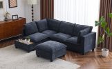 90" U-shaped Sectional Sofa Modular Sofa Couch with a Movable Ottoman , a Coffee Table with Hidden Charging Devices for Living Room, Blue